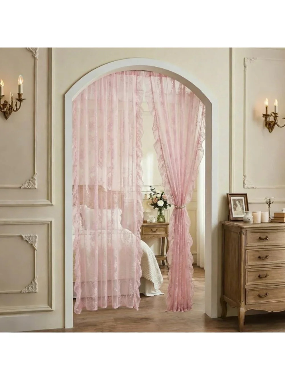 102” Pink Lace Curtains Set - Vintage Boho Sheer Floral Embroidery Window